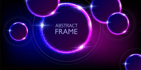 Glowing neon purple and blue circles abstract background. Round lines with electric light frames. Geometric fashion design vector illustration. Empty minimal rings decoration