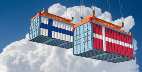 Freight containers with Denmark and Finland national flag. 3D Rendering