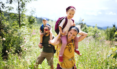 Family with small children hiking outdoors in summer nature. - obrazy, fototapety, plakaty