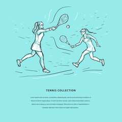 Tennis sketch hand drawn vector template. Women tennis players. Sport concept