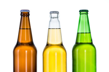 Group of Three bottles of beer isolated on white background