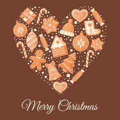 Christmas greeting card with gingerbread cookies. Design for Holidays invitation card, poster, banner, postcard, print. Vector illustration.