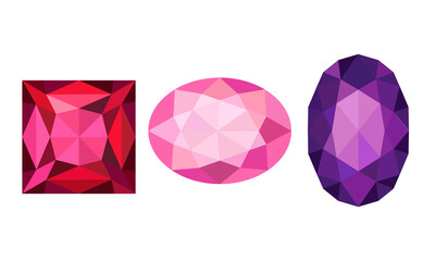 Gems and Diamonds of Different Shape and Color with Facet Vector Set