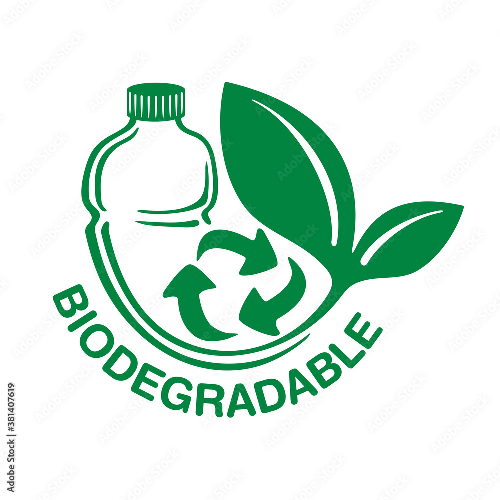 Sticker Biodegradable plastic sign - bottle turns to plant with recyclable symbol - eco friendly compostable material production (environment protection emblem)