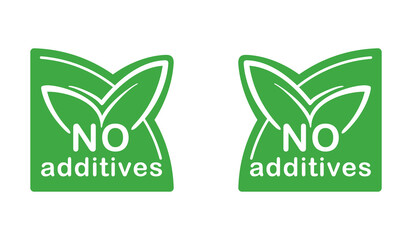 No additives sign for healthy natural  food products label - pictogram in 2 variations with plant leaf for placement in bottom corner of layout - left or right