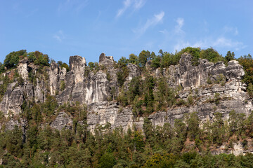 Fototapeta na wymiar View of the Bastei rocks in Rathen. Saxon Switzerland. Germany