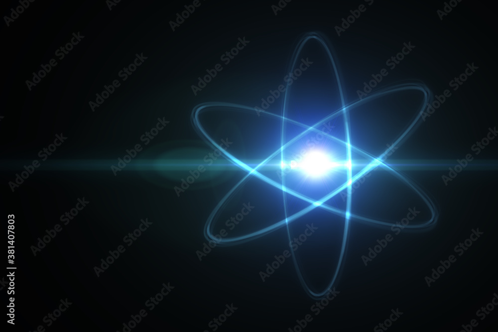 Wall mural model of atom and elementary particles. physics concept. 3d rendered illustration.