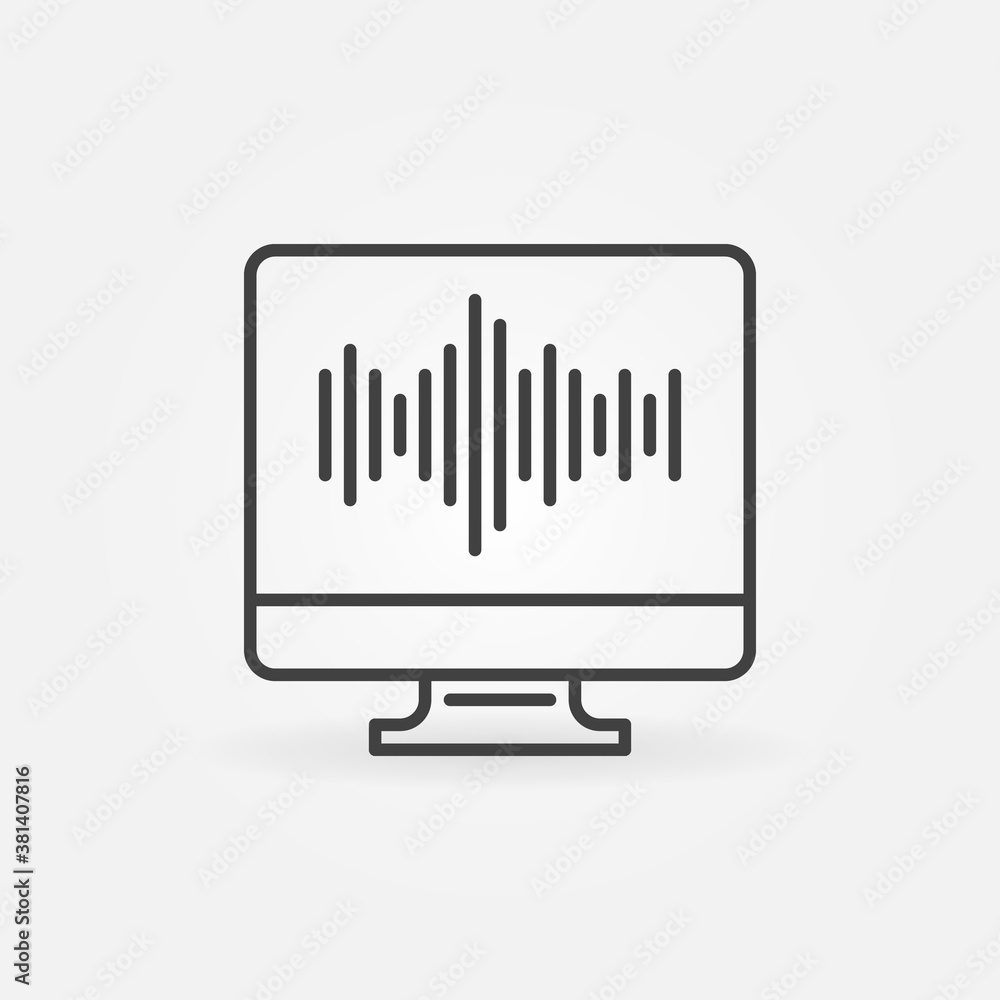 Poster sound wave on computer screen outline icon. sound design linear vector concept sign