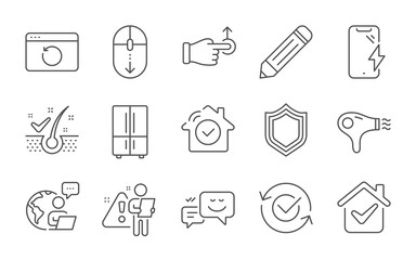 Security, Scroll down and Recovery internet line icons set. Pencil, Hair dryer and Refrigerator signs. Smartphone charging, Happy emotion and Anti-dandruff flakes symbols. Line icons set. Vector