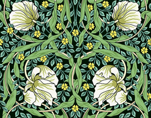 Vintage white flowers and green foliage seamless ornament. Vector illustration. - 381407873