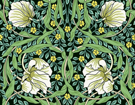 Vintage white flowers and green foliage seamless ornament. Vector illustration.