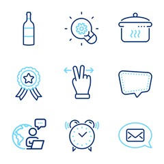 Business icons set. Included icon as Messenger, Touchscreen gesture, Innovation signs. Boiling pan, Alarm clock, Wine bottle symbols. Winner ribbon, Chat message line icons. Line icons set. Vector