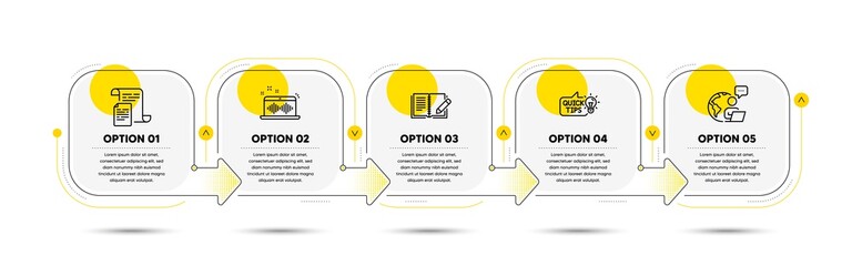 Feedback, Education idea and Documents line icons set. Timeline process flowchart. Music making sign. Book with pencil, Quick tips, Office file. Dj app. Education set. Vector