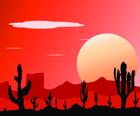 Sunset in the Mexican desert. Silhouettes of stones, cacti and plants, for design, vector illustration