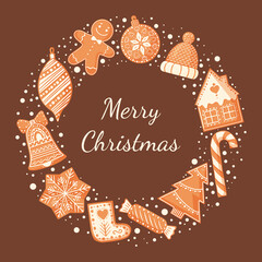 Christmas wreath with gingerbread cookies. Design for Christmas and New Year card, poster, banner, postcard, print. Vector illustration.