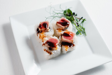 Top view of assorted sushi rolls.