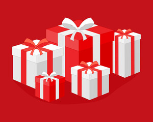 Red and white presents on red background vector illustration cartoon flat design modern style