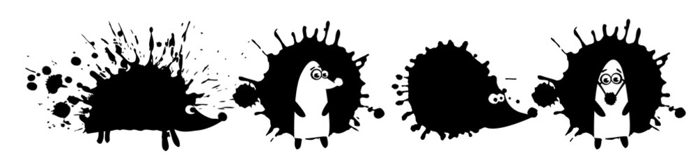 Set of black hedgehogs. A monochrome abstract hedgehog. T-shirt print. Vector illustration