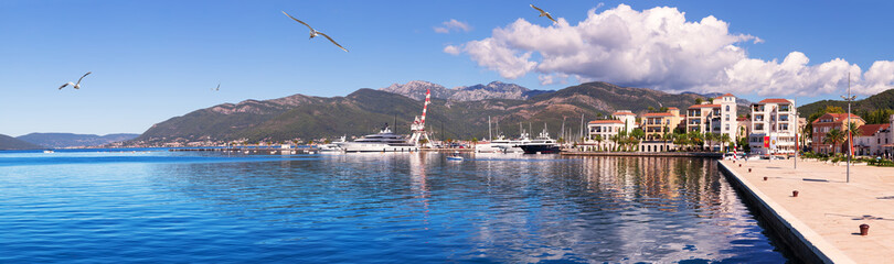 Fototapeta na wymiar Porto Montenegro, famous marina in Tivat, beautiful panorama