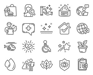 Healthcare icons set. Included icon as Medical chat, Eye checklist, Leaves signs. Medical drugs, Clean skin, Eye protection symbols. Oil drop, Collagen skin, World medicine. Washing hands. Vector