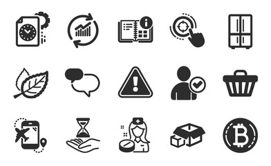 Shop cart, Flight destination and Bitcoin icons simple set. Refrigerator, Seo target and Chat message signs. Time hourglass, Identity confirmed and Update data symbols. Flat icons set. Vector