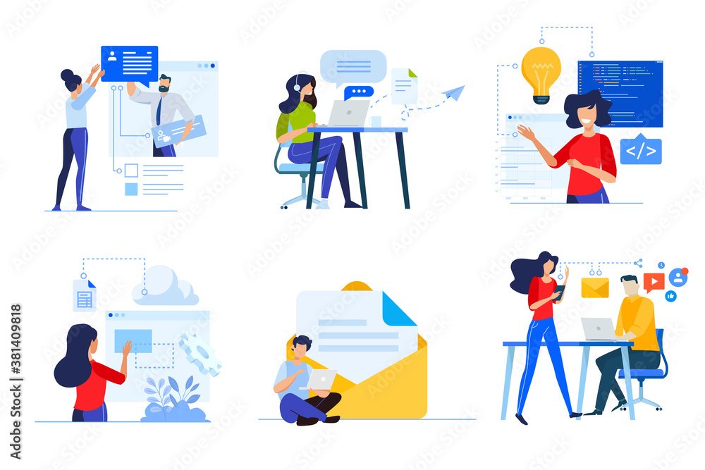 Poster set of business people concepts. vector illustrations of online communication, web development, codi