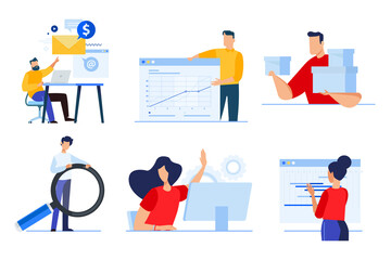 Plakat Set of business people concepts. Vector illustrations of ta analytics, business presentation, planning, social media, human resources, delivery, seo.