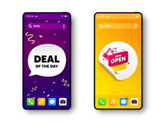 Now open banner. Phone mockup vector confetti banner. Announcement notice tag. Megaphone message icon. Social story post template. Deal of the day speech buuble. Cell phone frame banner. Vector