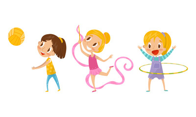 Cute Girl Doing Gymnastics with Ribbon and Playing Volleyball Vector Illustration Set