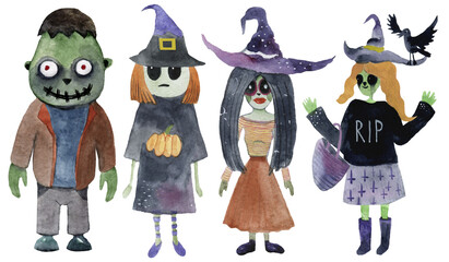 Set of children characters for Halloween. Costumes Dracula, witches, Frankenstein's monster