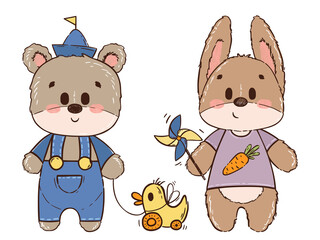 Cute bear and bunny, hare or rabbit in hand drawn style. Little vintage characters for children's books, fairy tales, wallpapers, print, textile, fabric, cotton, poster, children. Vector illustration.