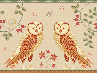 Birds and plants decorative border pattern on light background. Vector illustration. - obrazy, fototapety, plakaty