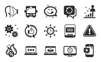 Refresh like, Recovery data and Face id icons simple set. Laptop password, Yummy smile and Stats signs. Seo timer, Bus and Online delivery symbols. Ssd, World time and Weather phone. Vector