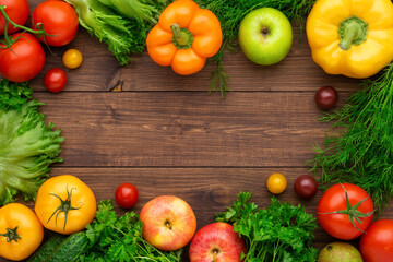 Fototapeta na wymiar Healthy eating ingredients: fresh vegetables, fruits and superfood. Wooden background