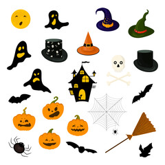 Halloween clipart set with cute cartoon holiday symbols isolated on white background.