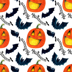Halloween seamless pattern with pumpkin lanterns, bat and lettering 