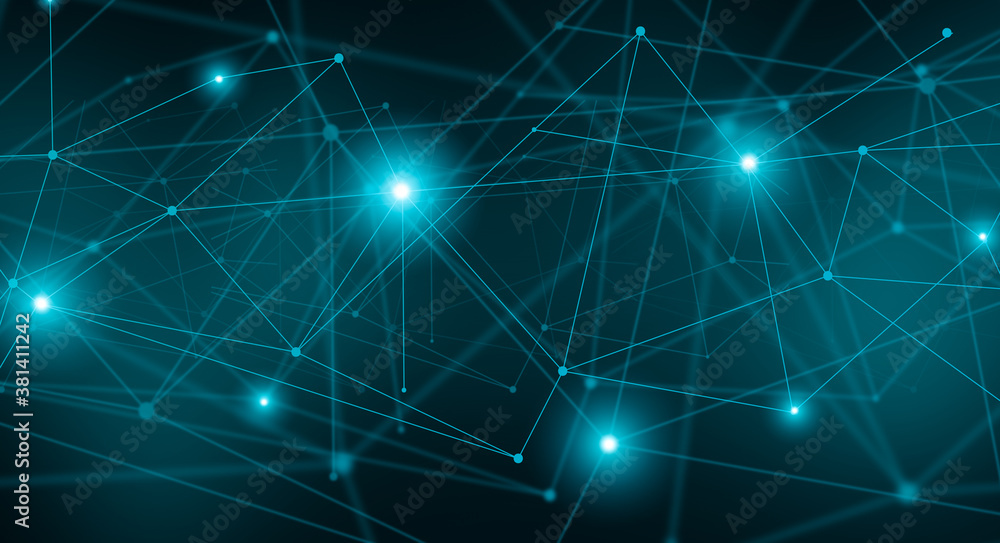 Poster Abstract Technological Background With Glowing Polygonal Lines And Dots Over Dark Background