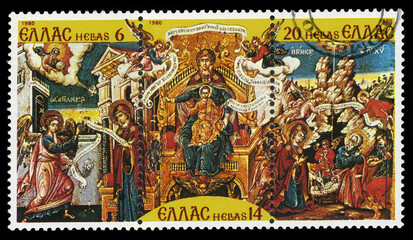 GREECE - CIRCA 1980: A stamp printed in Greece shows "He Is Happy Thanks To You" painting by T.Poulakis, series Christmas 1980, circa 1980
