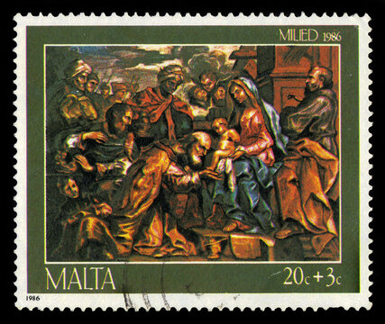 Malta - CIRCA 1986: A stamp printed in Malta shows Epiphany, painting by Giuseppe D'Arena, series Christmas, circa 1986