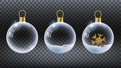 Vector realistic transparent Christmas ball with snow and snowflake. Template of glass transparent Christmas ball. Vector object for design, mock-up. Shiny toy with silver glow. - 381411851