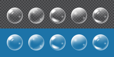 White water bubbles set with reflection set on transparent background.Transparent isolated realistic design elements. - 381411880