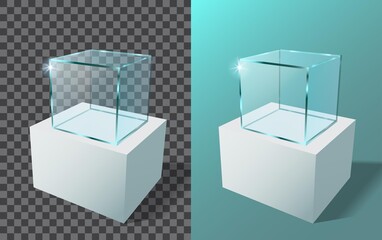 Empty glass showcase in cube form. 3d vector realistic glass square showcase.  - 381412218