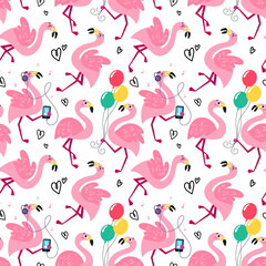 Festive seamless pattern with funny flamingos. Summer tropical vector texture on a white background. Background for a children's book, print, poster, stickers, fabric, wrapping paper.