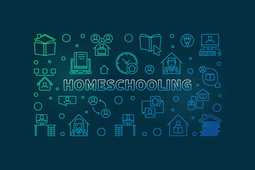 Homeschooling vector Education concept colorful linear horizontal illustration or banner on dark background