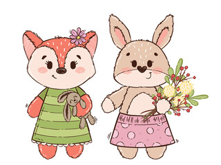 Cute fox and bunny, hare or rabbit in hand drawn style. Little vintage characters for children's books, fairy tales, wallpapers, print, textile, fabric, cotton, poster, children. Vector illustration.
