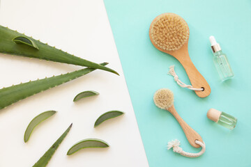 Organic oil aloe vera with drybrushing. Bottle essential oil.