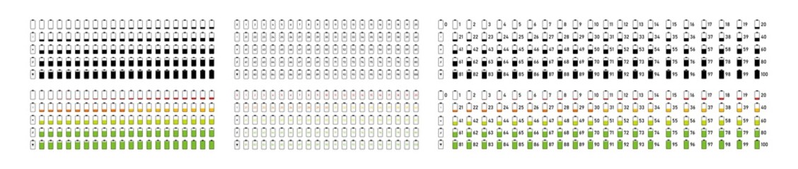 Battery vector icon. Big set collection of black and color phone battery icons. Design for apps, technology