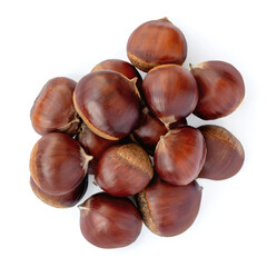 Horse chestnuts (Aesculus) fruits isolated on white background. Sweet chestnuts for Christmas Top view. Flat lay