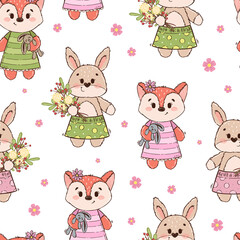 Seamless pattern with cute characters: bear, fox, hare, rabbit or bunny. Texture for children on white background. Ornament for a kid's book, cover, textile, cotton, fabric, poster, print.