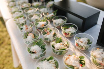 Different luzury snacks and antipasto on party. Gig table with snack outdoors